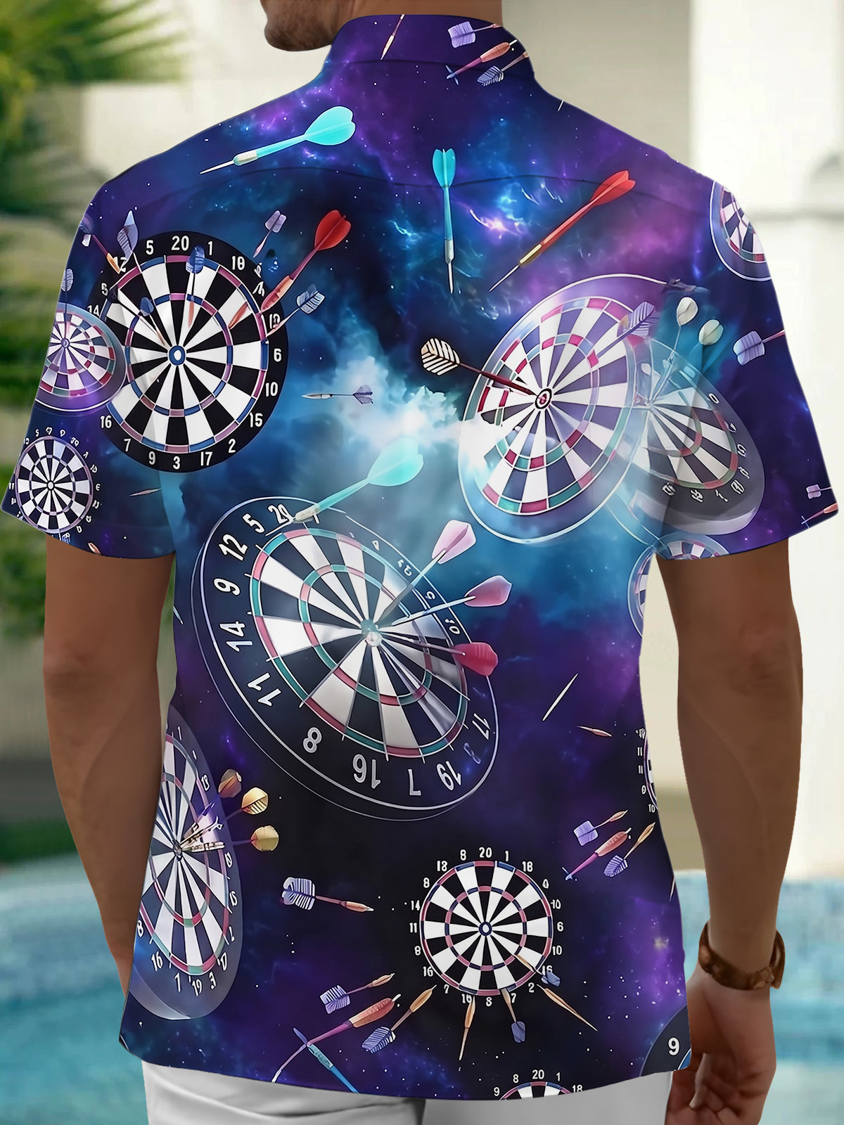 Adaychic Men's Printed Dartboard Pattern Short Sleeve Shirt with Chest Pocket