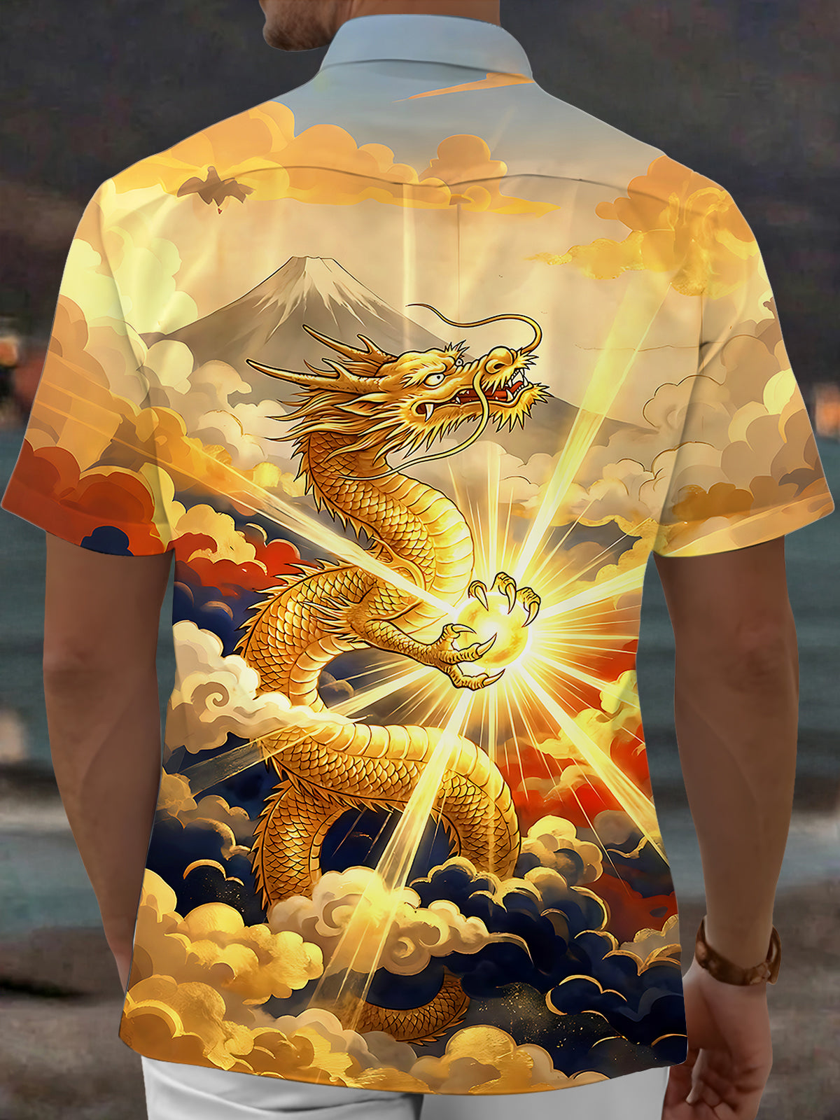 Adaychic Men's Graphic Golden Dragon Print Short Sleeve Shirt with Chest Pocket