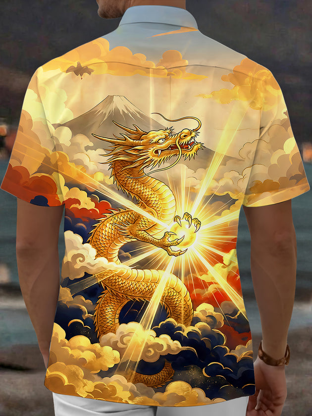Adaychic Men's Graphic Golden Dragon Print Short Sleeve Shirt with Chest Pocket