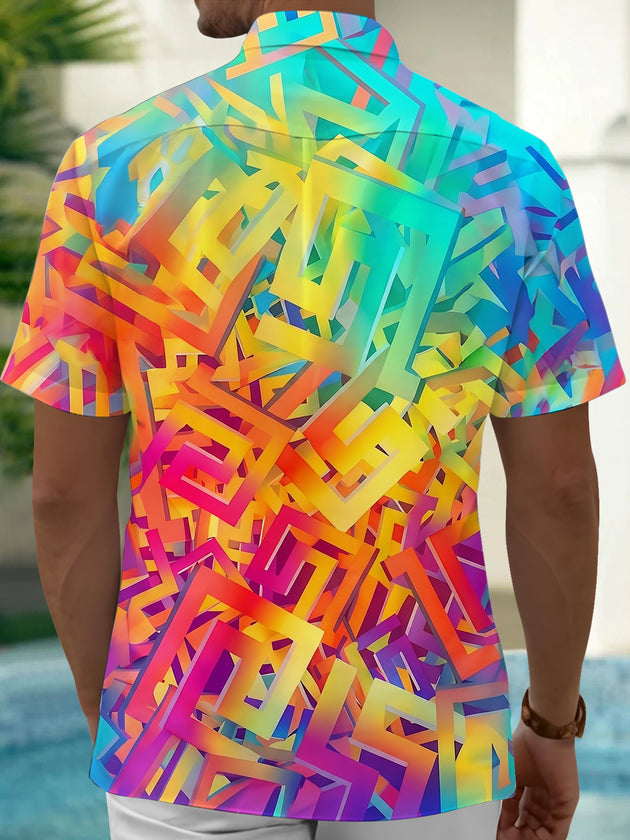 Adaychic Men's Abstract 3D Geometric Squares Print Short Sleeve Button Down Shirt with Chest Pocket