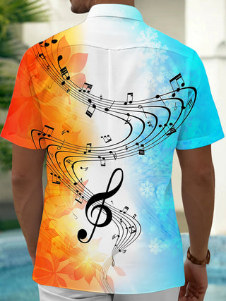 Adaychic Men's Graphic Musical Notes Print Short Sleeve Shirt with Chest Pocket