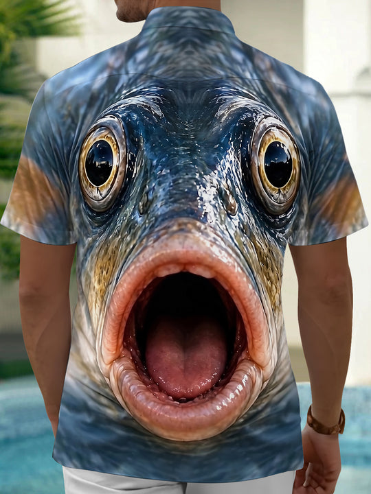 Adaychic Men's Graphic 3D Realistic Fish Face Print Short Sleeve Button Down Shirt with Chest Pocket