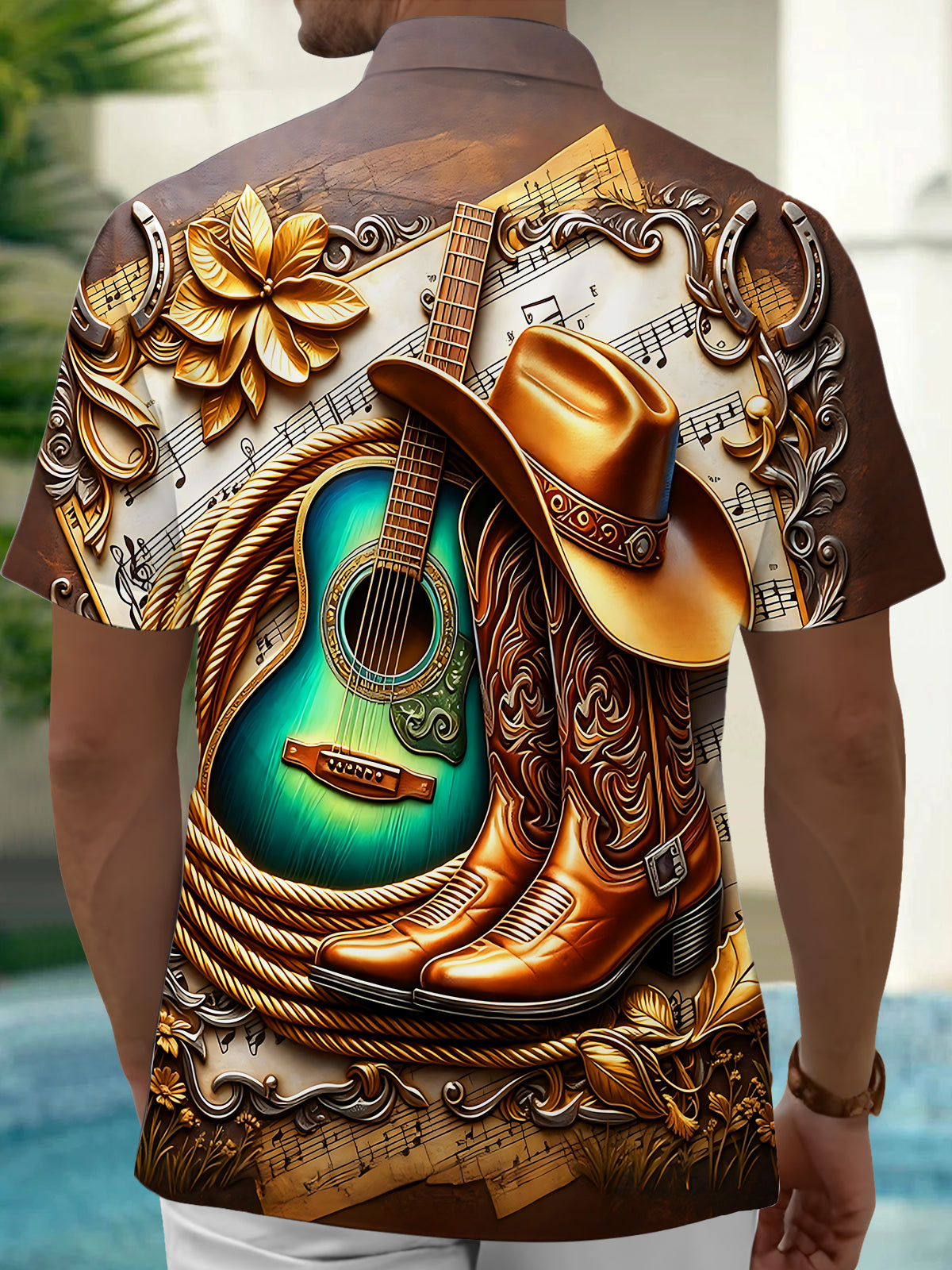 Adaychic Men's Vintage Style Western Guitar Print Short Sleeve Shirt with Chest Pocket