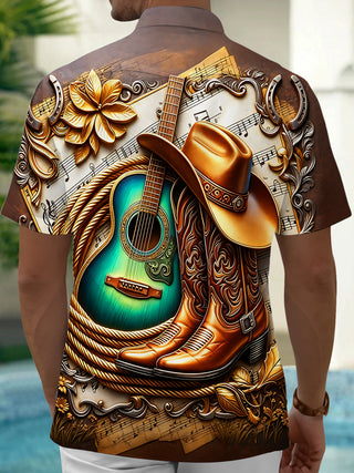 Adaychic Men's Vintage Style Western Guitar Print Short Sleeve Shirt with Chest Pocket