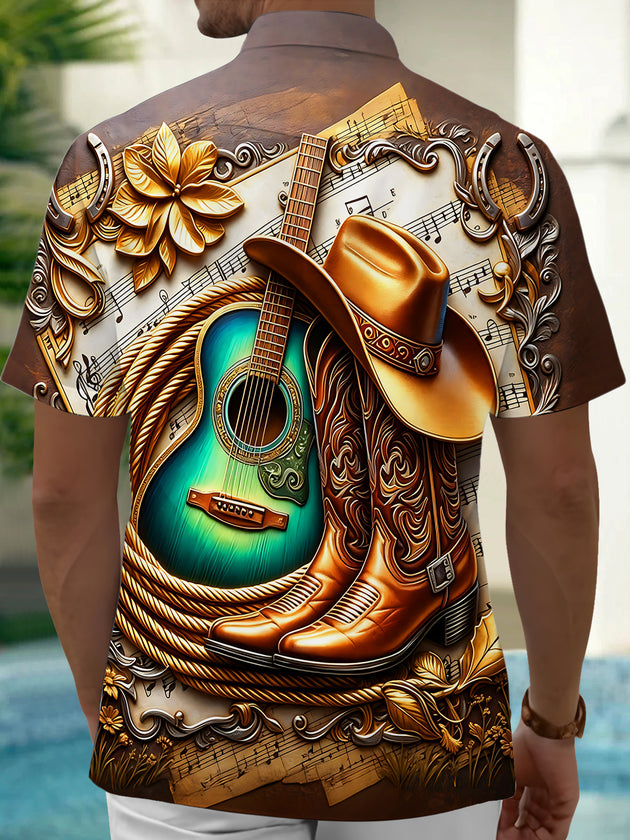 Adaychic Men's Vintage Style Western Guitar Print Short Sleeve Shirt with Chest Pocket