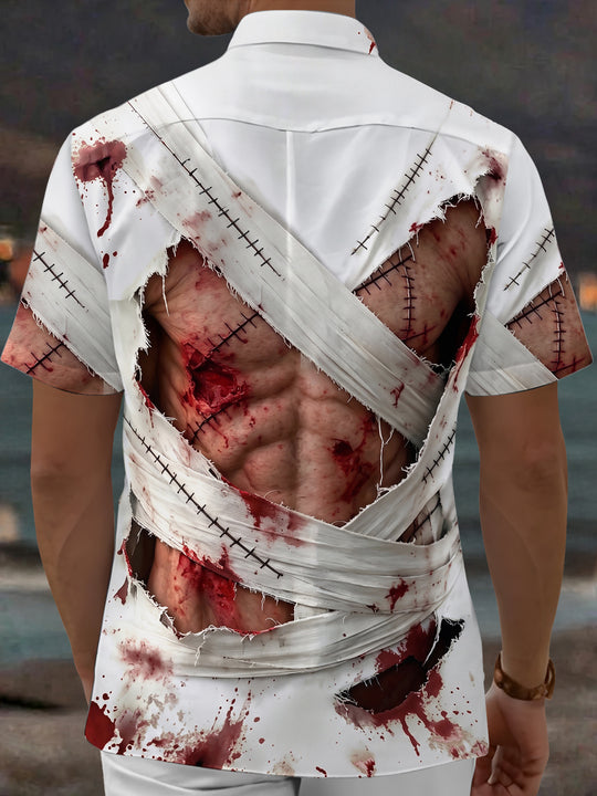 Adaychic Men's Short Sleeve Shirt - Halloween Zombie Bandage And Blood Splatter Print with Chest Pocket