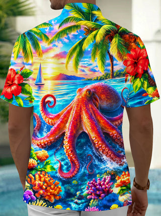 Adaychic Men's Hawaiian Octopus And Coral Reef Print Short Sleeve Shirt with Chest Pocket