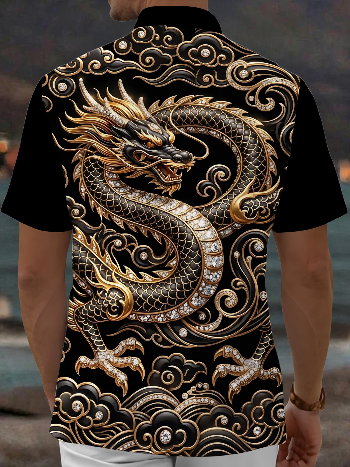 Adaychic Men's Graphic Dragon Print Printed Print Short Sleeve Shirt with Chest Pocket
