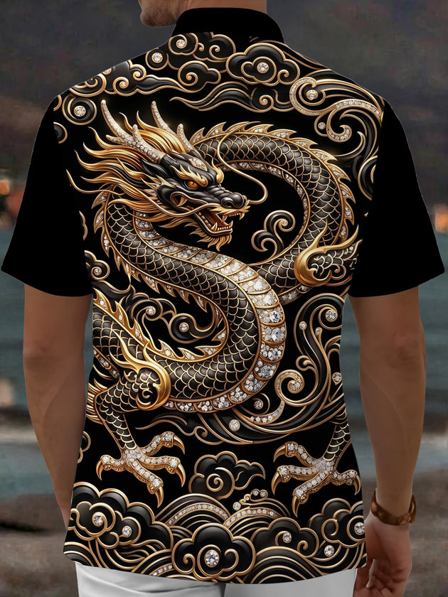 Adaychic Men's Graphic Dragon Print Printed Print Short Sleeve Shirt with Chest Pocket