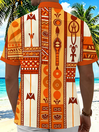 Adaychic Men's Hawaiian Tribal Geometric Pattern Short Sleeve Shirt with Chest Pocket