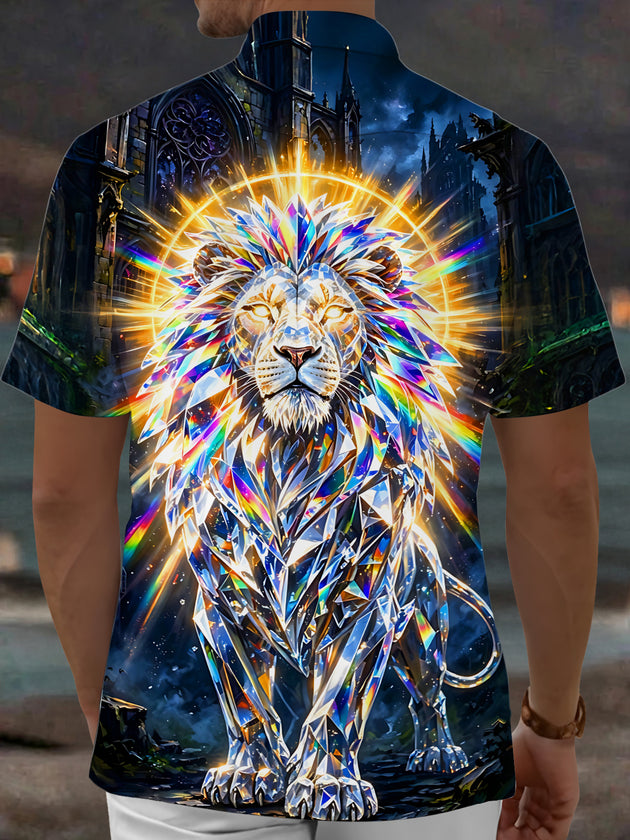 Adaychic Men's Graphic Crystal Lion Print Short Sleeve Shirt with Chest Pocket