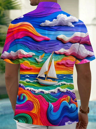 Adaychic Men's Graphic Rainbow Ocean Waves Print Short Sleeve Shirt with Chest Pocket