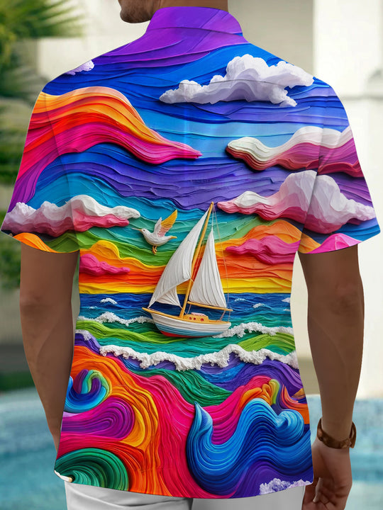 Adaychic Men's Graphic Rainbow Ocean Waves Print Short Sleeve Shirt with Chest Pocket