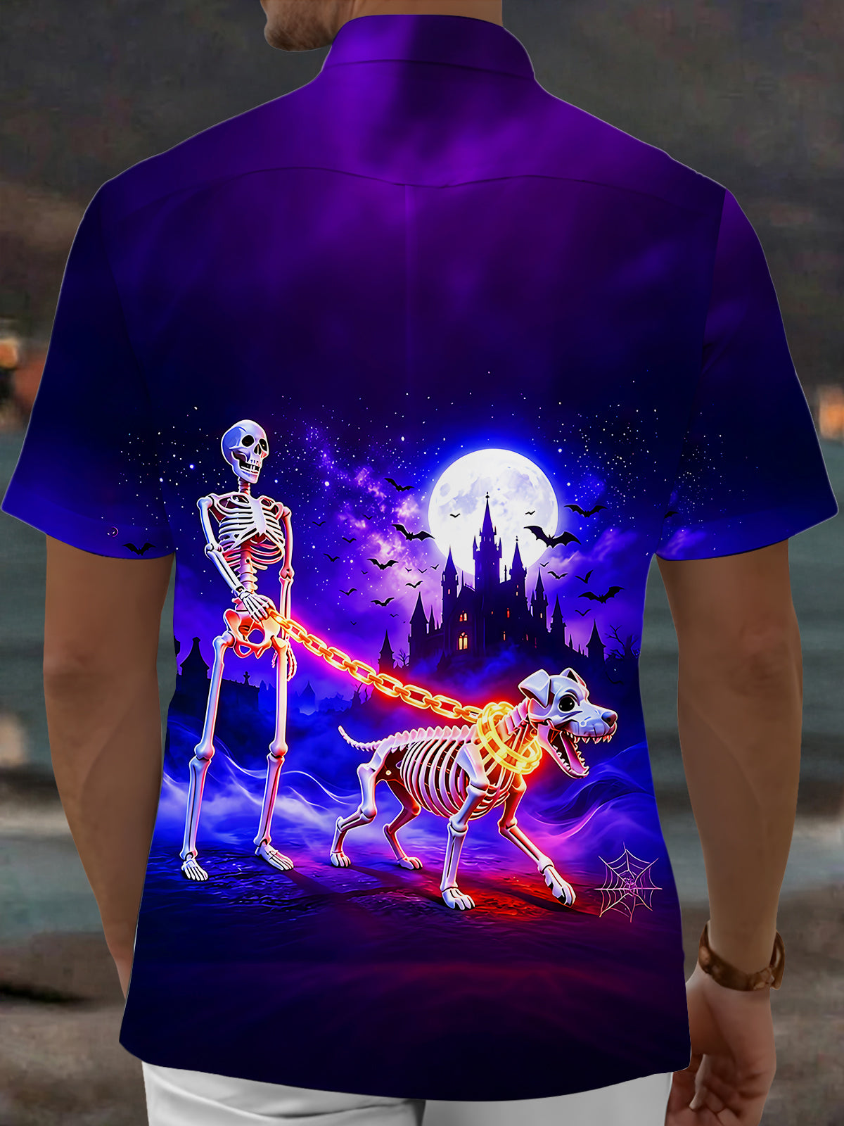 Adaychic Men's Graphic Skeleton Walking Dog Print Short Sleeve Shirt with Chest Pocket