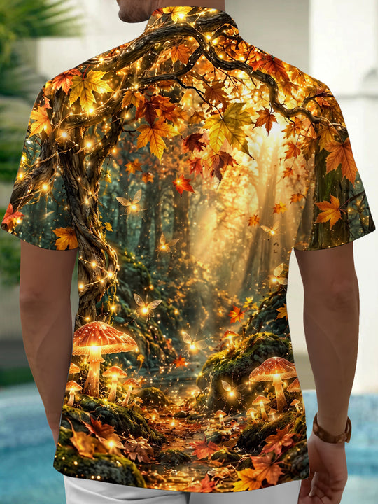 Adaychic Men's Short Sleeve Shirt - Autumn Forest With Glowing Mushrooms And Butterflies Print with Chest Pocket