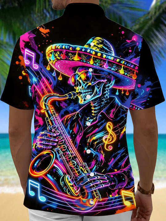 Skull Saxophone Men's Pocket Short Sleeve Shirts