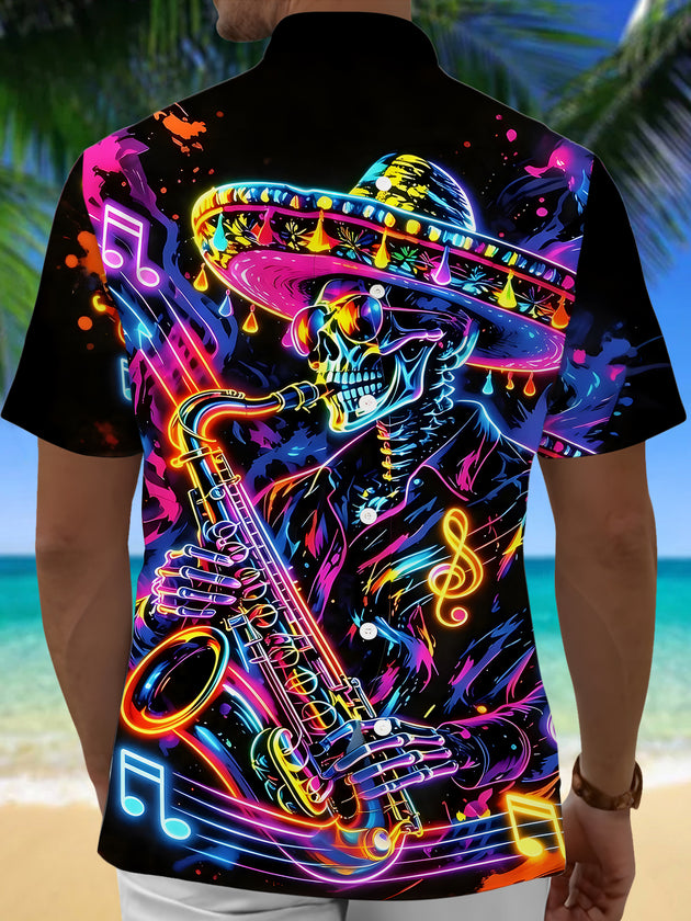 Skull Saxophone Men's Pocket Short Sleeve Shirts