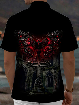 Adaychic Men's Graphic Gothic Moth And Cross Print Short Sleeve Shirt with Chest Pocket