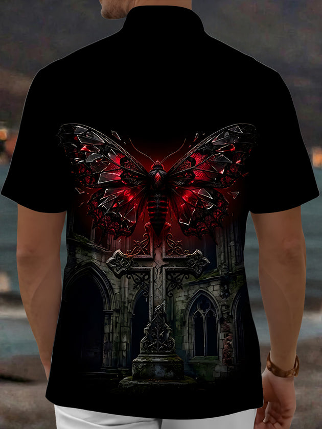 Adaychic Men's Graphic Gothic Moth And Cross Print Short Sleeve Shirt with Chest Pocket