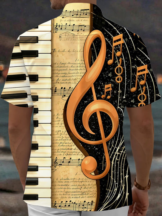 Retro Musical Note Piano Men's Pocket Short Sleeve Shirts