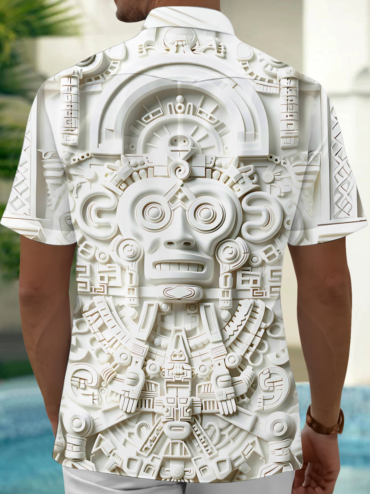 Adaychic Mayan Stone Carving Mask Men's Short Sleeve Shirt with Chest Pocket