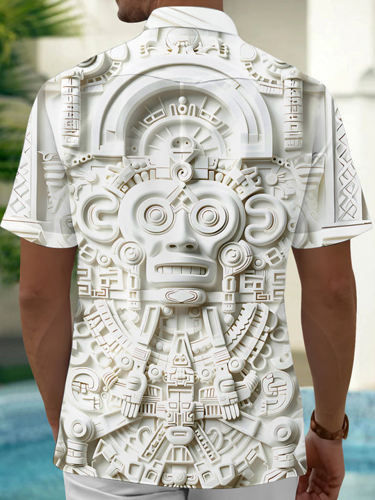 Adaychic Mayan Stone Carving Mask Men's Short Sleeve Shirt with Chest Pocket