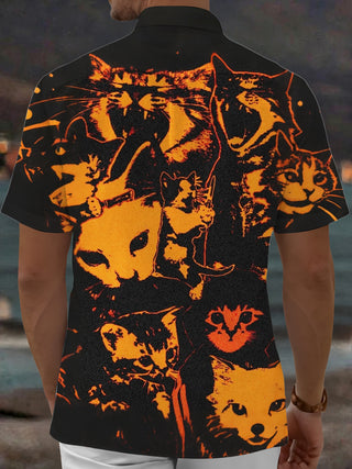 Adaychic Men's Hawaiian Cat Faces Print Short Sleeve Shirt with Chest Pocket