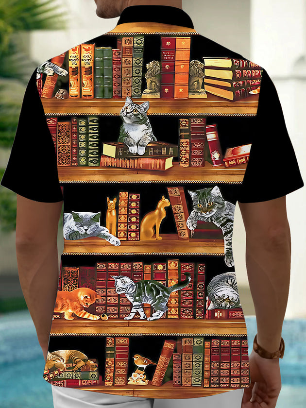 Adaychic Men's Graphic Cats On Bookshelves Print Short Sleeve Shirt with Chest Pocket