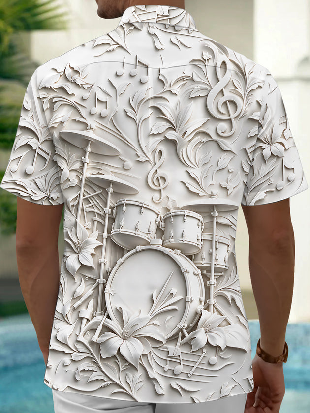 Adaychic Men's Short Sleeve Shirt - Embossed Drum Kit And Floral Music Notes Print with Chest Pocket