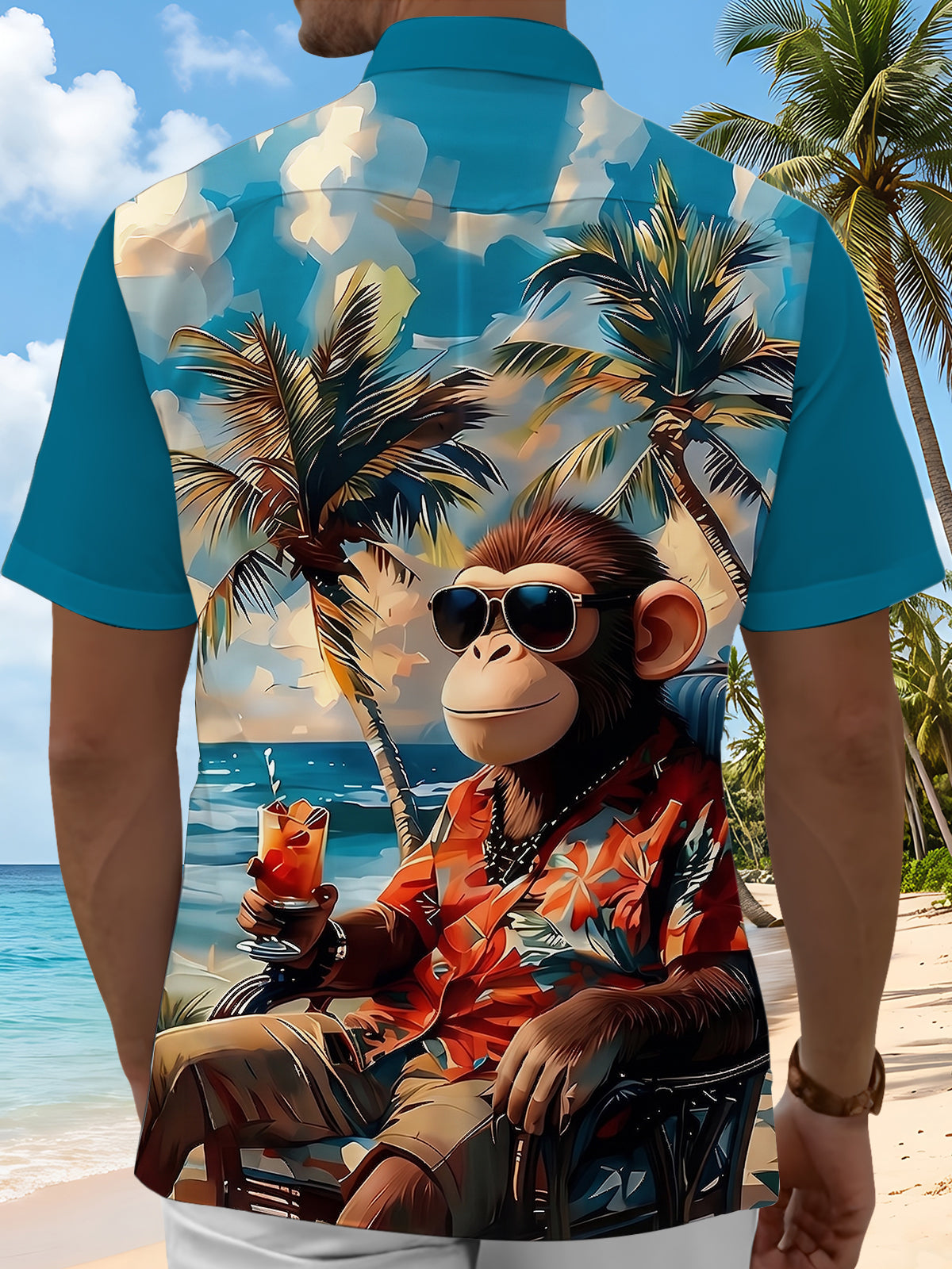 Adaychic Men's Hawaiian Tropical Monkey Beach Graphic Print Short Sleeve Button Down Shirt with Chest Pocket
