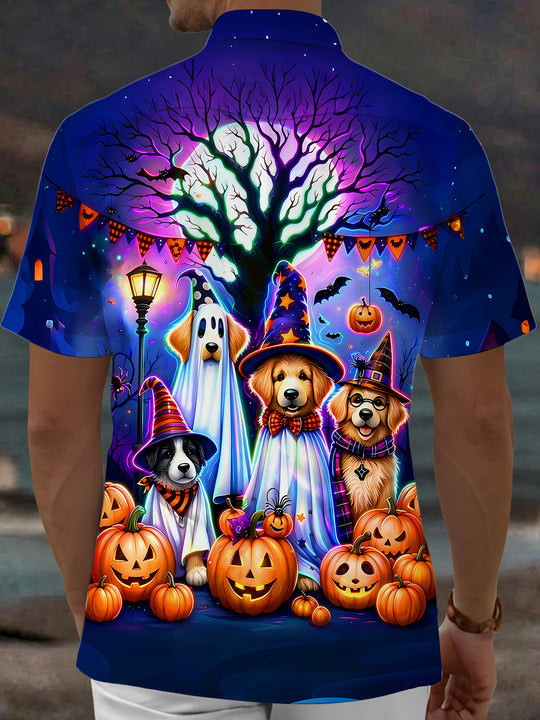 Adaychic Men's Graphic Halloween Dogs In Costumes Print Short Sleeve Shirt with Chest Pocket