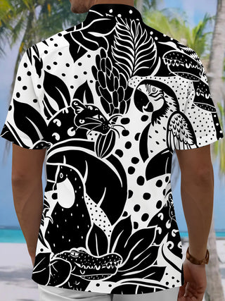 Adaychic Men's Black And White Animal Print Short Sleeve Shirt with Chest Pocket