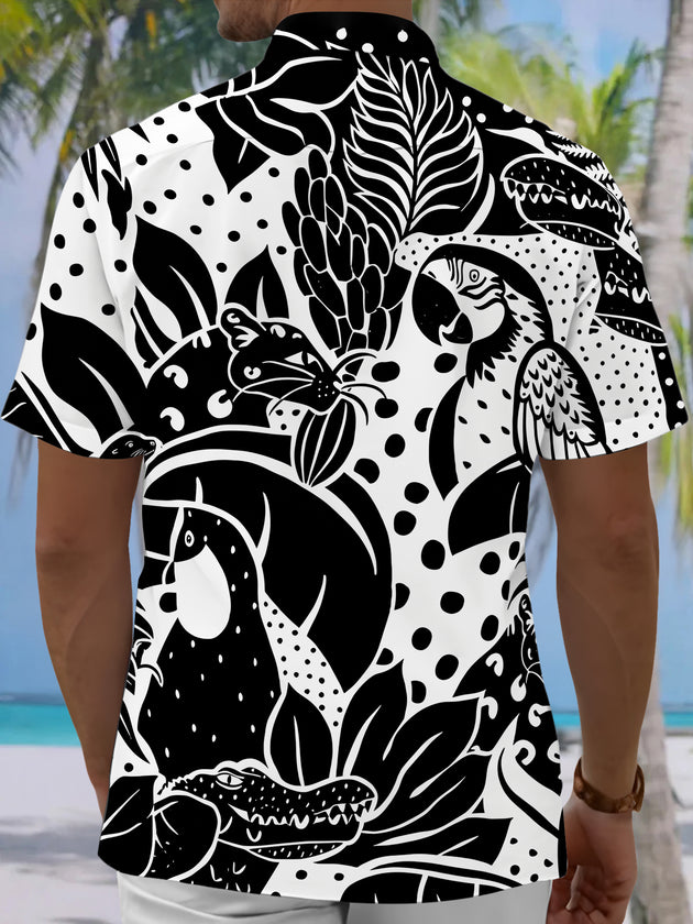 Adaychic Men's Black And White Animal Print Short Sleeve Shirt with Chest Pocket