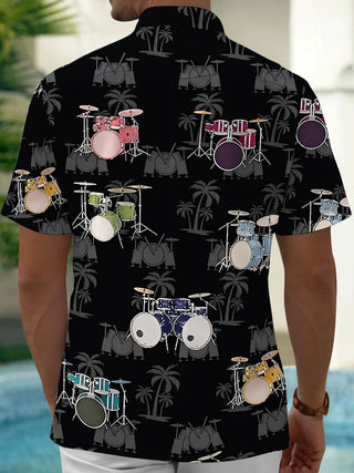 Adaychic Men's Hawaiian Drum Set Pattern Short Sleeve Shirt with Chest Pocket