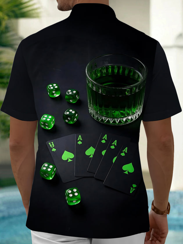 Adaychic Men's Printed Poker Cards Print Green Dice Print Short Sleeve Shirt with Chest Pocket