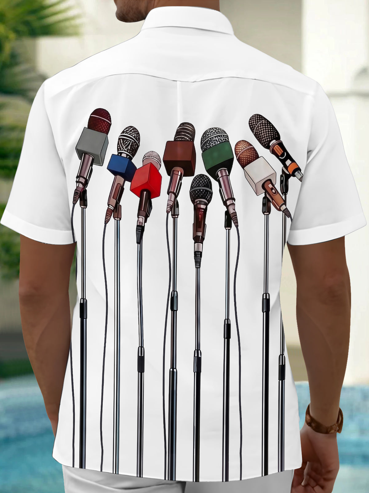 Adaychic Men's Printed Microphone Array Print Short Sleeve Shirt with Chest Pocket