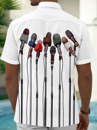 Adaychic Men's Printed Microphone Array Print Short Sleeve Shirt with Chest Pocket
