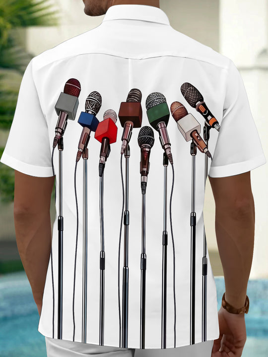 Adaychic Men's Printed Microphone Array Print Short Sleeve Shirt with Chest Pocket
