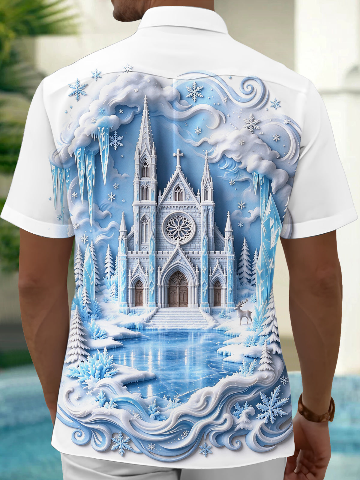Adaychic Men's Graphic Ice Castle And Winter Landscape Print Short Sleeve Shirt with Chest Pocket