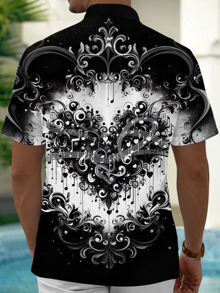Adaychic Men's Graphic Music Notes Print Heart Swirls Print Short Sleeve Shirt with Chest Pocket