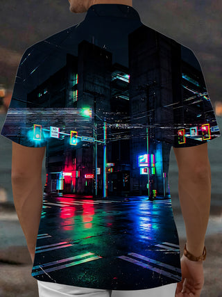 Adaychic Men's Printed Neon City Street Night Scene Print Short Sleeve Shirt with Chest Pocket
