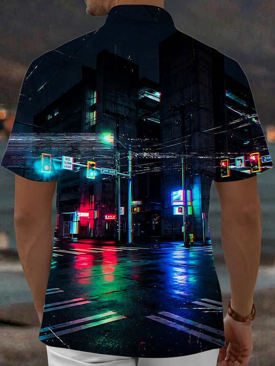 Adaychic Men's Printed Neon City Street Night Scene Print Short Sleeve Shirt with Chest Pocket