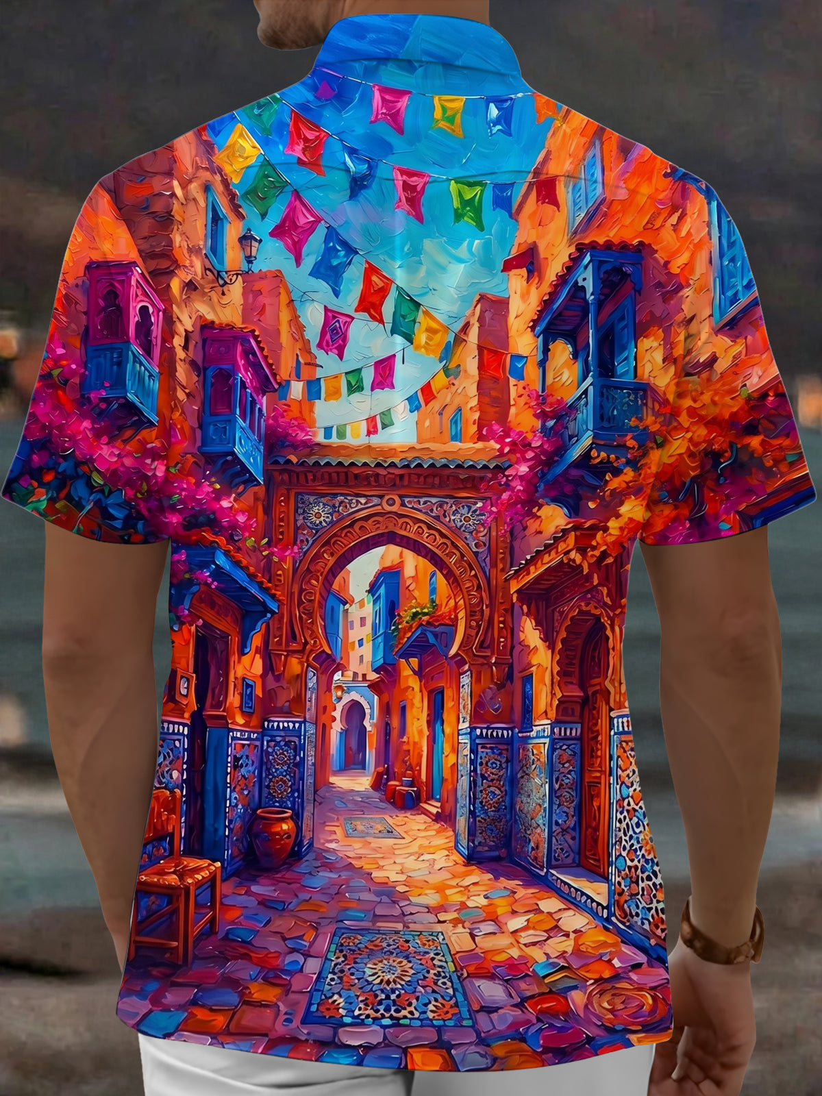 Adaychic Men's Graphic Oil Painting Street Scene Print Short Sleeve Shirt with Chest Pocket
