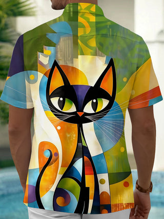 Adaychic Men's Graphic Abstract Cat Portrait Print Short Sleeve Shirt with Chest Pocket