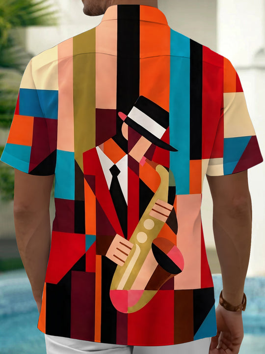 Adaychic Men's Graphic Geometric Saxophone Player Print Short Sleeve Shirt with Chest Pocket