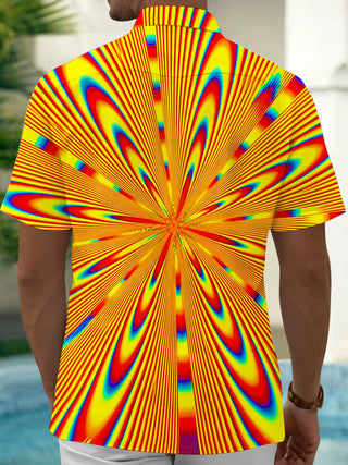 Adaychic Men's Graphic Abstract Psychedelic Radiating Line Print Short Sleeve Button Down Shirt with Chest Pocket