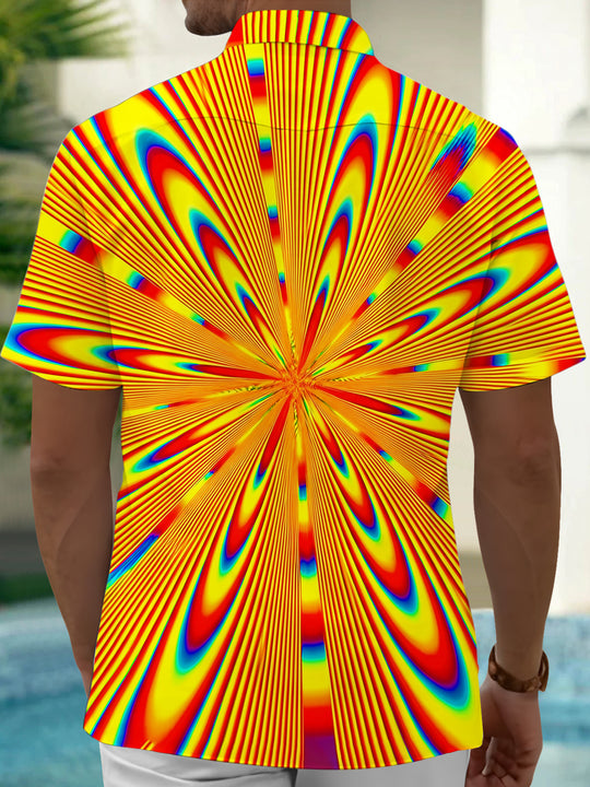 Adaychic Men's Graphic Abstract Psychedelic Radiating Line Print Short Sleeve Button Down Shirt with Chest Pocket