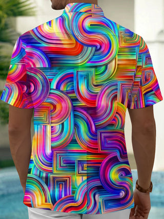 Adaychic Men's Abstract Rainbow Geometric Swirl Print Short Sleeve Shirt with Chest Pocket