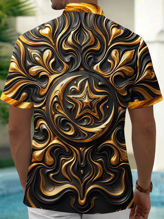 Adaychic Men's Graphic 3D Swirl Moon Star Relief Print Short Sleeve Shirt with Chest Pocket