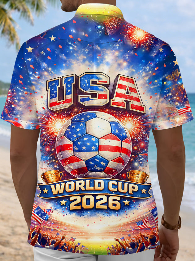 Holiday 2026 World Cup Theme Tournament Celebration Vibe Dynamic Soccer Graphic Print Men's Pocket Short Sleeve Shirts